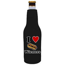 Load image into Gallery viewer, black zipper beer bottle koozie with i heart wieners design 
