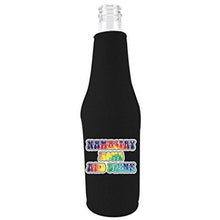 Load image into Gallery viewer, black zipper beer bottle koozie with namastay home and drink design 
