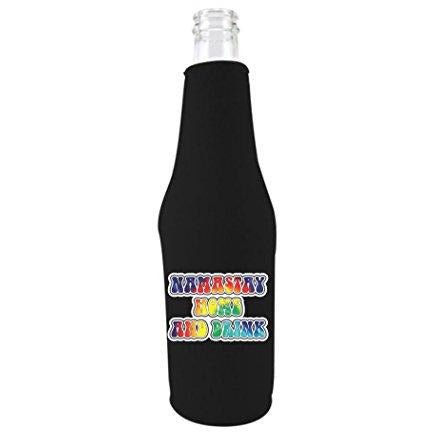 black zipper beer bottle koozie with namastay home and drink design 