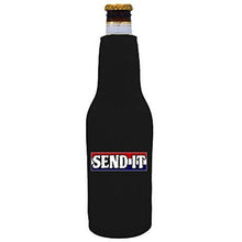 Load image into Gallery viewer, Black beer bottle koozie with “send it” text with red white and blue background design
