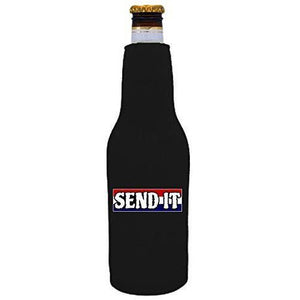 Black beer bottle koozie with “send it” text with red white and blue background design