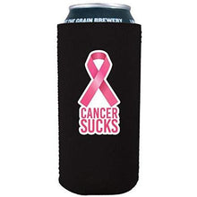 Load image into Gallery viewer, black 16oz tallboy can koozie with cancer sucks text and pink ribbon graphic
