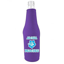 Load image into Gallery viewer, purple zipper beer bottle koozie with aloha beaches design 
