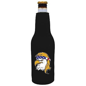 black beer bottle koozie with bald eagle with mullet hair funny design