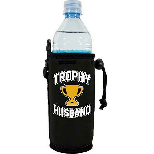 Black water bottle koozie with trophy husband design 