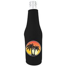 Load image into Gallery viewer, black zipper beer bottle koozie with palm tree sunset design 
