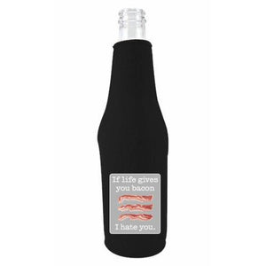 black beer bottle koozie with "life gives you bacon" funny text design