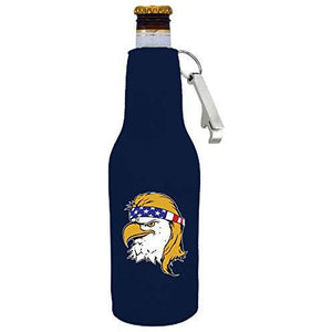 Bald Eagle Mullet Beer Bottle Coolie with Opener Attached