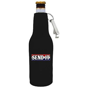 Black beer bottle koozie with opener and “send it” text with red white and blue background design