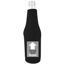 Load image into Gallery viewer, beer bottle koozie with drunk and stupid design
