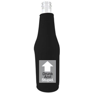 beer bottle koozie with drunk and stupid design