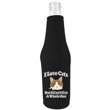 Load image into Gallery viewer, black zipper beer bottle koozie with funny i love cats but i can&#39;t eat a whole one design 

