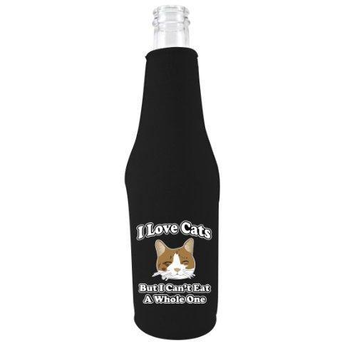 black zipper beer bottle koozie with funny i love cats but i can't eat a whole one design 