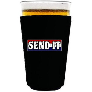 Black pint glass koozie with “send it” text with red white and blue background design