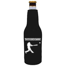 Load image into Gallery viewer, black zipper beer bottle koozie with funny touchdown design 

