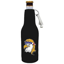 Load image into Gallery viewer, black beer bottle koozie with opener and bald eagle with mullet hair funny design
