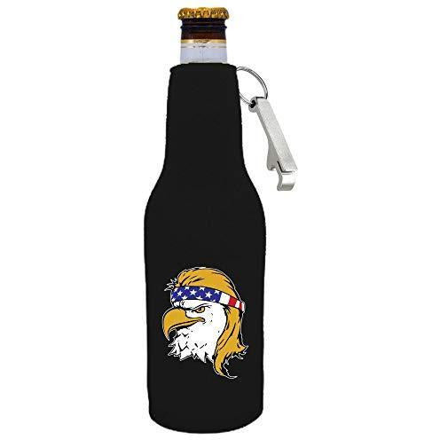 black beer bottle koozie with opener and bald eagle with mullet hair funny design
