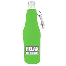 Load image into Gallery viewer, bright green beer bottle koozie with opener and &quot;relax i&#39;m hilarious&quot; funny text design
