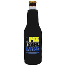 Load image into Gallery viewer, black beer bottle koozie with “I pee in the lake” funny text design
