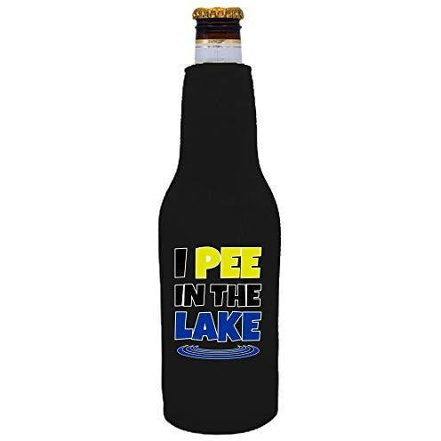 black beer bottle koozie with “I pee in the lake” funny text design
