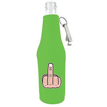 Load image into Gallery viewer, bright green beer bottle koozie with opener and middle finger graphic design
