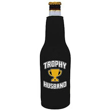 Load image into Gallery viewer, black beer bottle koozie with trophy husband design 
