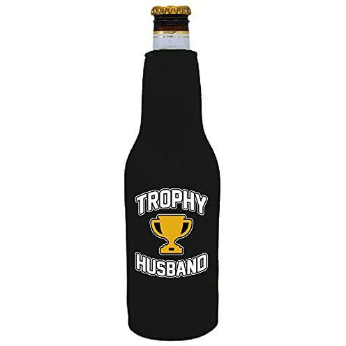 black beer bottle koozie with trophy husband design 
