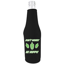 Load image into Gallery viewer, black beer bottle koozie with &quot;don&#39;t worry be hoppy&quot; funny text and beer hops design
