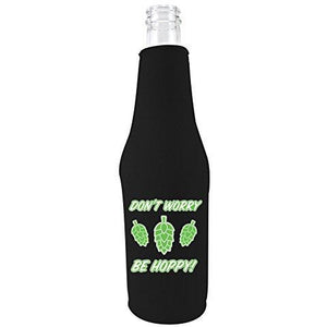 black beer bottle koozie with "don't worry be hoppy" funny text and beer hops design