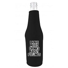 Load image into Gallery viewer, black zipper beer bottle koozie with funny i have mixed drinks about feelings design 
