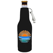 Load image into Gallery viewer, zipper beer bottle with opener koozie with retro sunset design 
