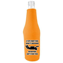 Load image into Gallery viewer, orange beer bottle koozie with &quot;skydiving isn&#39;t for you&quot; funny text design
