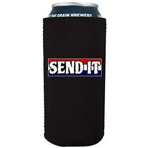 Black 16oz can koozie with “send it” text with red white and blue background design