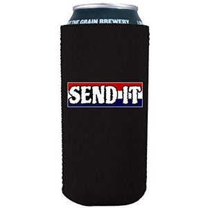 Black 16oz can koozie with “send it” text with red white and blue background design