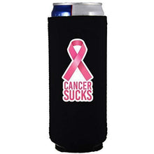 Load image into Gallery viewer, black skinny slim can koozie with cancer sucks text and pink ribbon design
