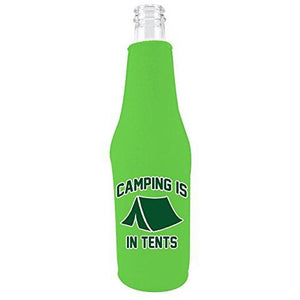 Bright green beer bottle koozie with funny camping is in tents design 