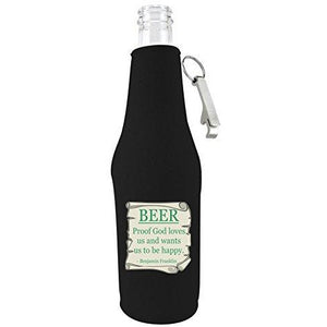 beer bottle koozie with opener with proof god loves you design