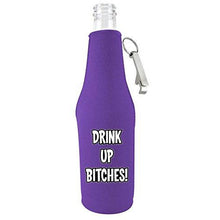 Load image into Gallery viewer, purple beer bottle koozie with &quot;drink up bitches&quot; funny text design
