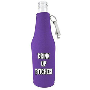 purple beer bottle koozie with "drink up bitches" funny text design