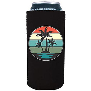 16 oz can koozie with retro palm trees design 