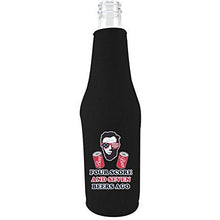 Load image into Gallery viewer, black zipper beer bottle koozie with four score and seven beers ago design 
