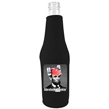 Load image into Gallery viewer, black zipper beer bottle koozie with funny Abraham drinkin design 
