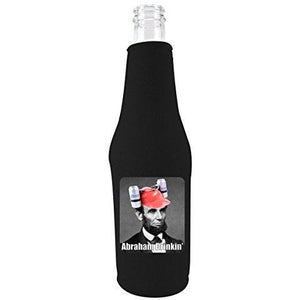 black zipper beer bottle koozie with funny Abraham drinkin design 