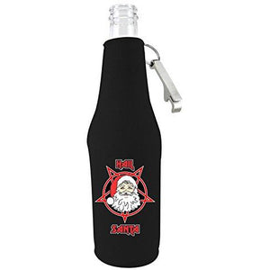 black beer bottle koozie with opener and "hail santa" funny christmas text and santa in a pentagram design