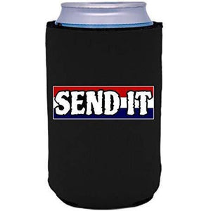 Black can koozie with “send it” text with red white and blue background design
