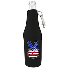 Load image into Gallery viewer, beer bottle koozie with opener with america peace sign design
