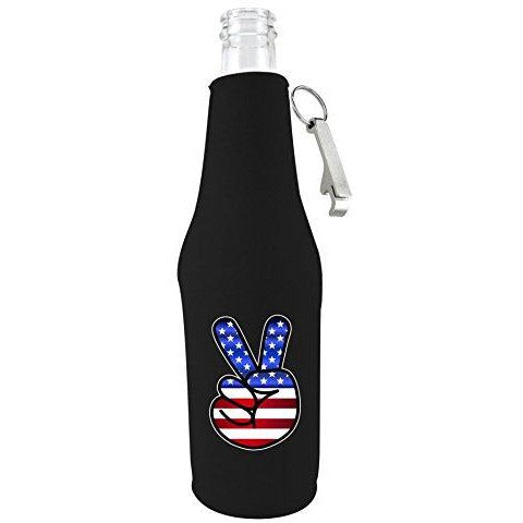 beer bottle koozie with opener with america peace sign design