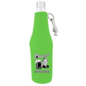 beer bottle koozie with "beer, it's your friend!" funny text and 50's guy illustration design