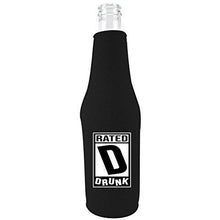 Load image into Gallery viewer, black zipper beer bottle koozie with rated d for drunk design 
