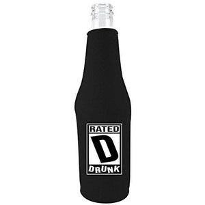 black zipper beer bottle koozie with rated d for drunk design 